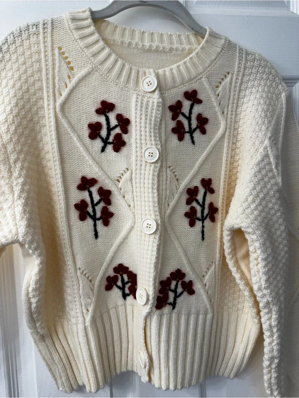 Handmade Cream Chunky Knit Button-Front Sweater with Burgundy Floral Embroidery